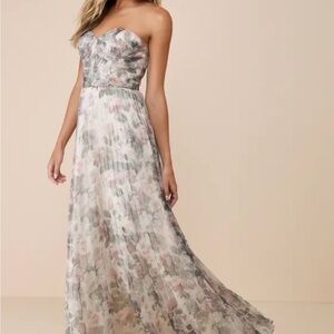 Lulu's Strapless Floral Maxi Dress - Cream and Pink